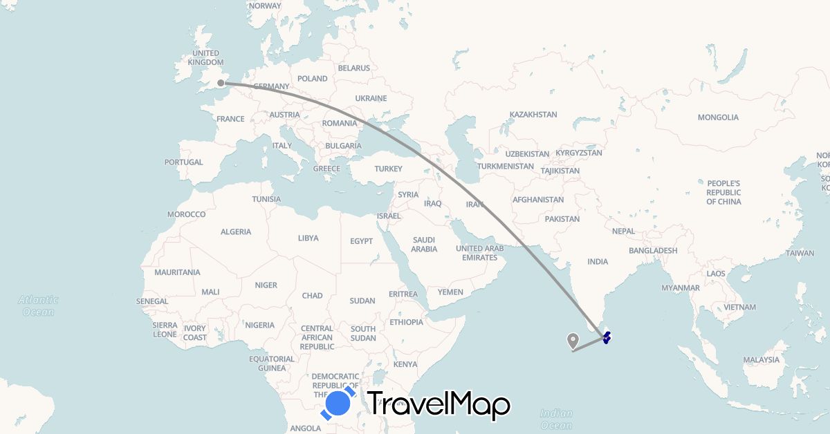 TravelMap itinerary: driving, plane, train, hiking in United Kingdom, Sri Lanka, Maldives (Asia, Europe)